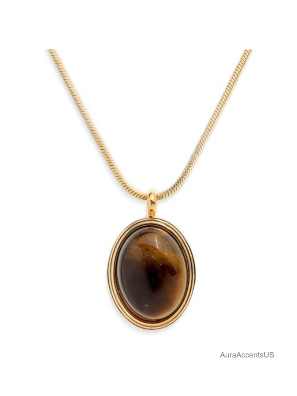Gold Tiger Eye Oval Pendant Necklace, Chunky Statement Dangle Wedding Prom